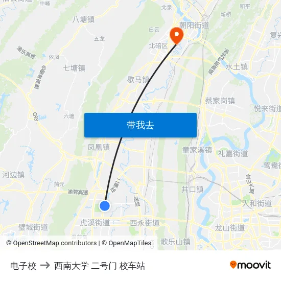 电子校 to 西南大学 二号门 校车站 map