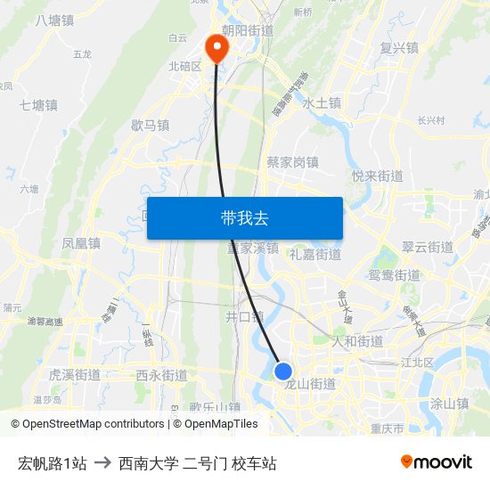 宏帆路1站 to 西南大学 二号门 校车站 map