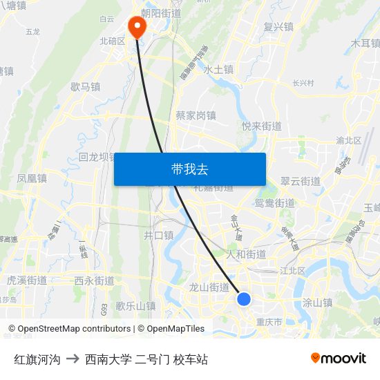 红旗河沟 to 西南大学 二号门 校车站 map