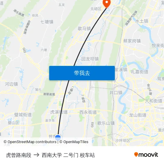 虎曾路南段 to 西南大学 二号门 校车站 map