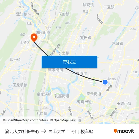 渝北人力社保中心 to 西南大学 二号门 校车站 map