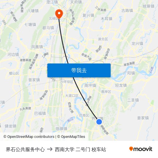 界石公共服务中心 to 西南大学 二号门 校车站 map
