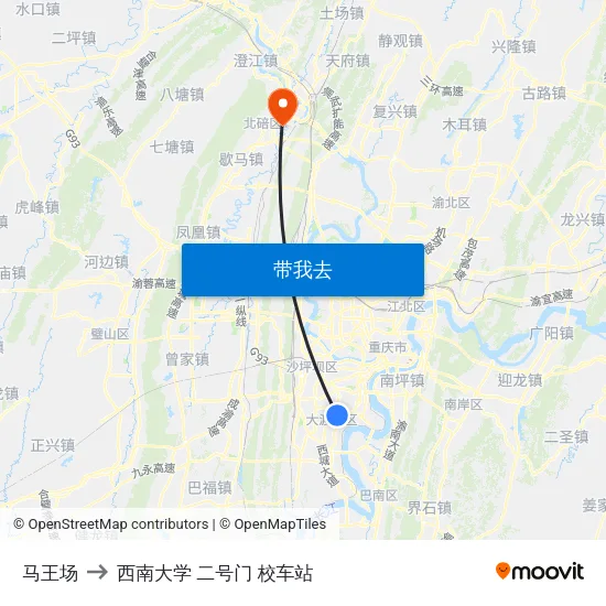马王场 to 西南大学 二号门 校车站 map