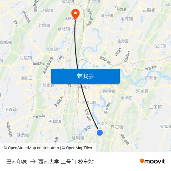 巴南印象 to 西南大学 二号门 校车站 map