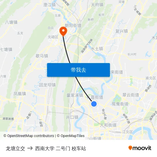 龙塘立交 to 西南大学 二号门 校车站 map