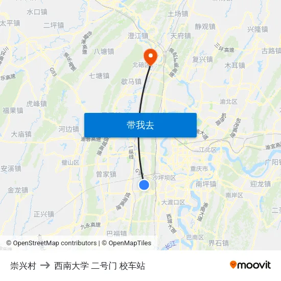 崇兴村 to 西南大学 二号门 校车站 map