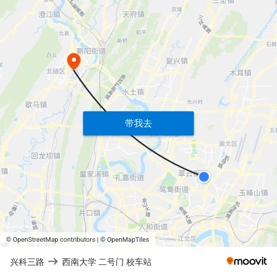 兴科三路 to 西南大学 二号门 校车站 map