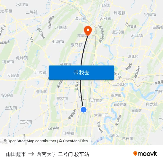 雨田超市 to 西南大学 二号门 校车站 map