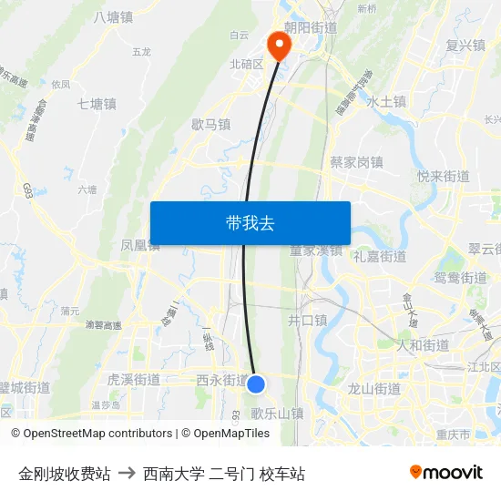 金刚坡收费站 to 西南大学 二号门 校车站 map
