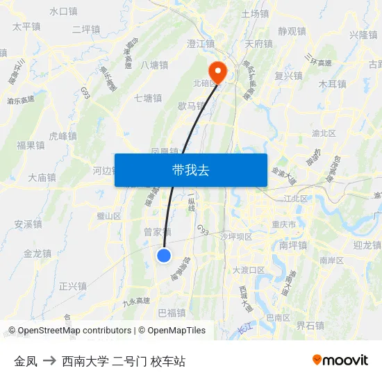 金凤 to 西南大学 二号门 校车站 map