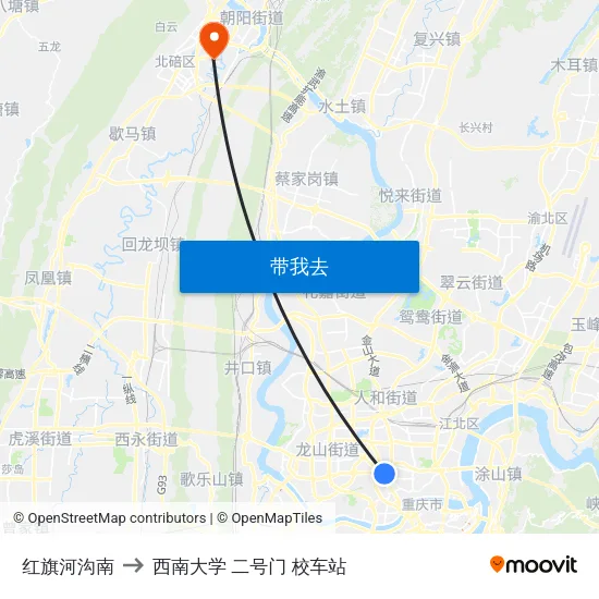 红旗河沟南 to 西南大学 二号门 校车站 map