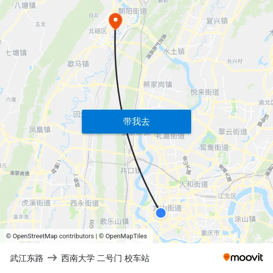 武江东路 to 西南大学 二号门 校车站 map