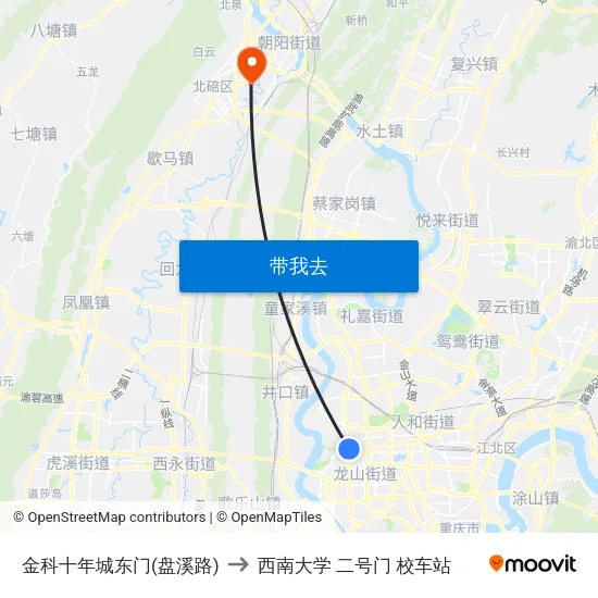 金科十年城东门(盘溪路) to 西南大学 二号门 校车站 map