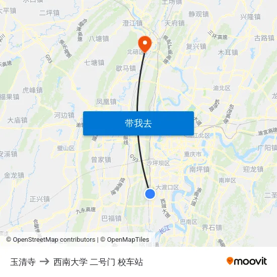 玉清寺 to 西南大学 二号门 校车站 map