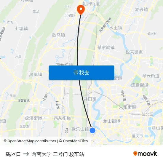 磁器口 to 西南大学 二号门 校车站 map
