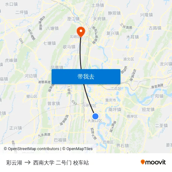 彩云湖 to 西南大学 二号门 校车站 map