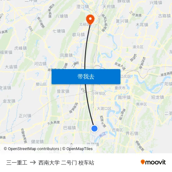三一重工 to 西南大学 二号门 校车站 map