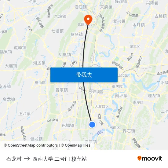 石龙村 to 西南大学 二号门 校车站 map