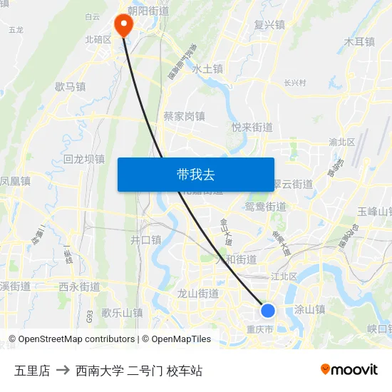 五里店 to 西南大学 二号门 校车站 map