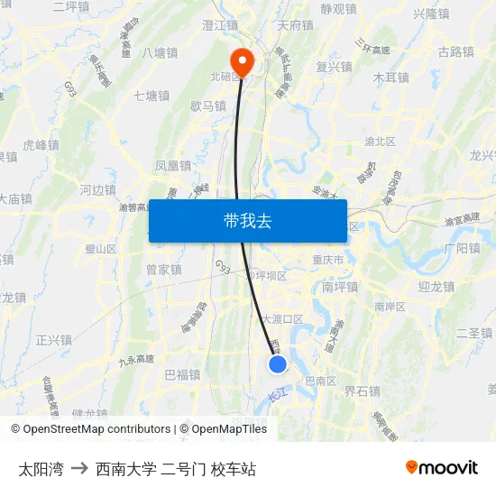 太阳湾 to 西南大学 二号门 校车站 map