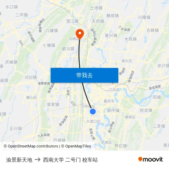 渝景新天地 to 西南大学 二号门 校车站 map