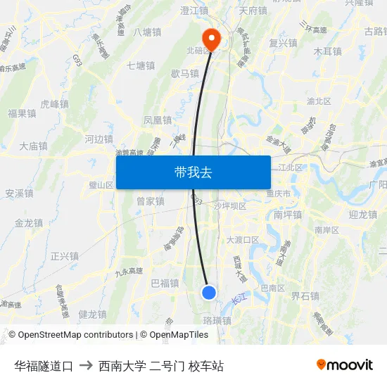 华福隧道口 to 西南大学 二号门 校车站 map