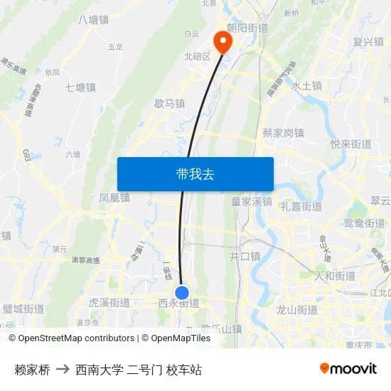 赖家桥 to 西南大学 二号门 校车站 map