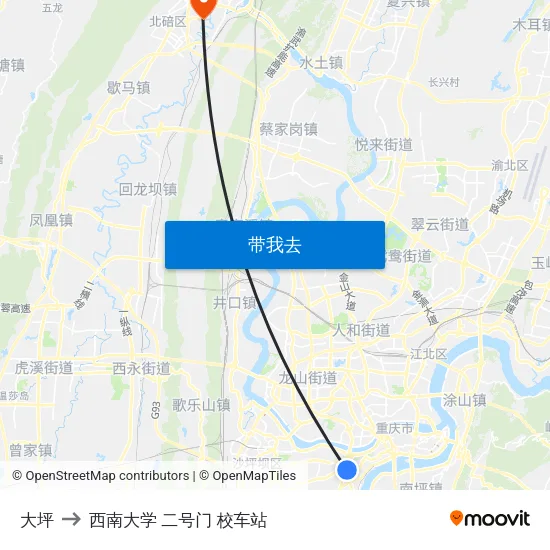 大坪 to 西南大学 二号门 校车站 map