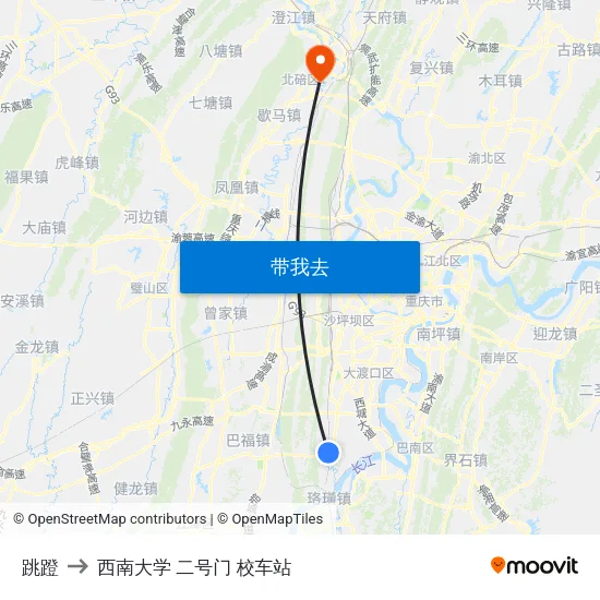 跳蹬 to 西南大学 二号门 校车站 map