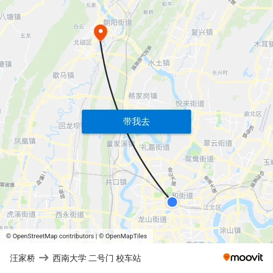 汪家桥 to 西南大学 二号门 校车站 map