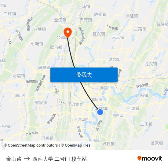 金山路 to 西南大学 二号门 校车站 map