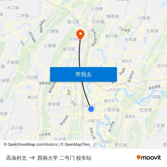 高庙村北 to 西南大学 二号门 校车站 map