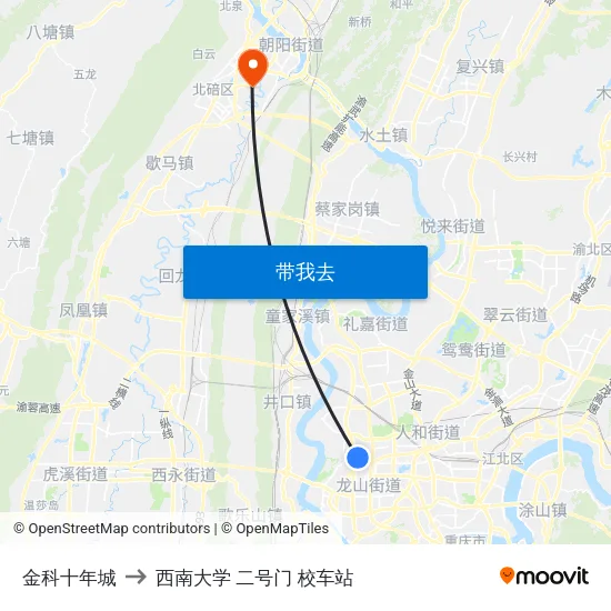 金科十年城 to 西南大学 二号门 校车站 map