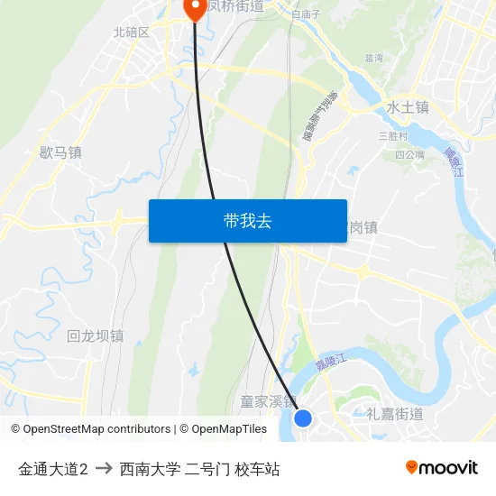 金通大道2 to 西南大学 二号门 校车站 map