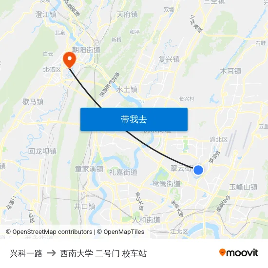 兴科一路 to 西南大学 二号门 校车站 map