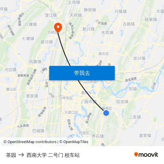 茶园 to 西南大学 二号门 校车站 map