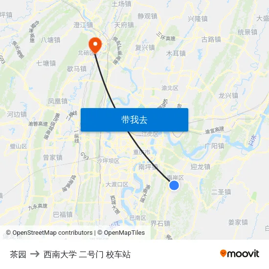 茶园 to 西南大学 二号门 校车站 map
