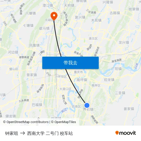 钟家咀 to 西南大学 二号门 校车站 map