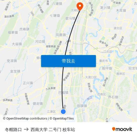 冬帽路口 to 西南大学 二号门 校车站 map