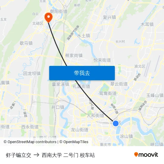 虾子蝙立交 to 西南大学 二号门 校车站 map