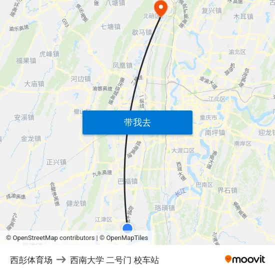 西彭体育场 to 西南大学 二号门 校车站 map