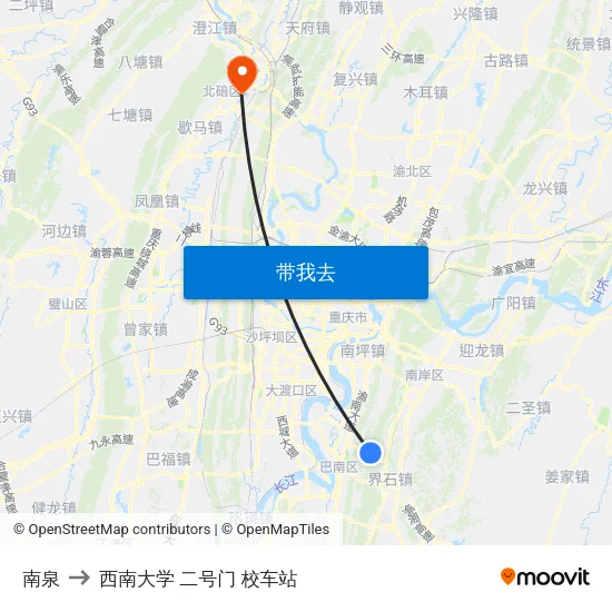 南泉 to 西南大学 二号门 校车站 map