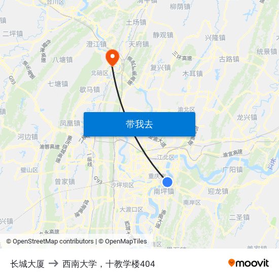 长城大厦 to 西南大学，十教学楼404 map