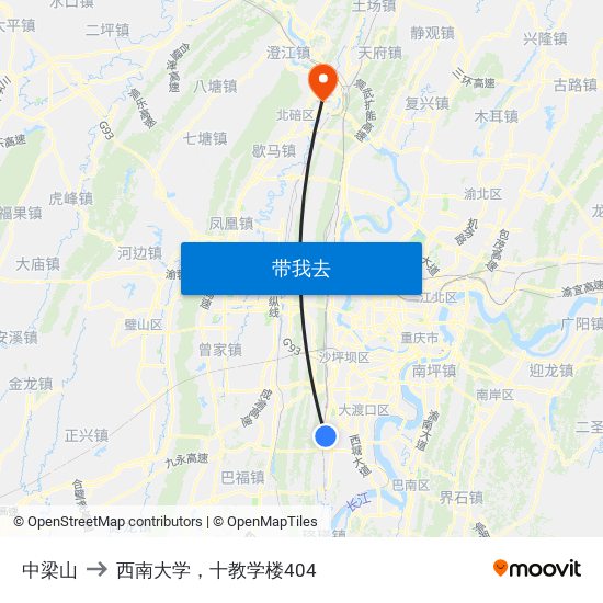 中梁山 to 西南大学，十教学楼404 map