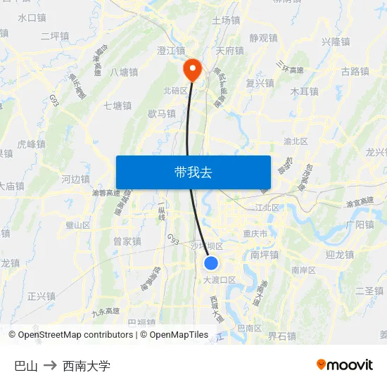 巴山 to 西南大学 map
