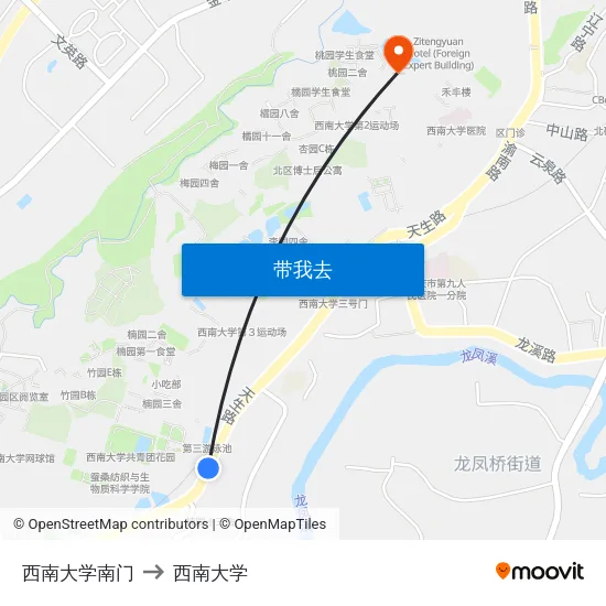 西南大学南门 to 西南大学 map