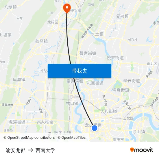 渝安龙都 to 西南大学 map