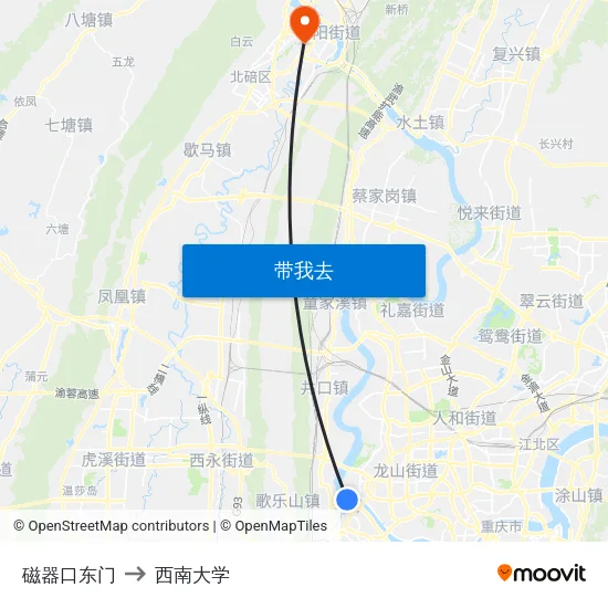 磁器口东门 to 西南大学 map