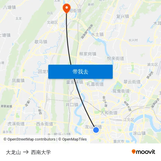 大龙山 to 西南大学 map