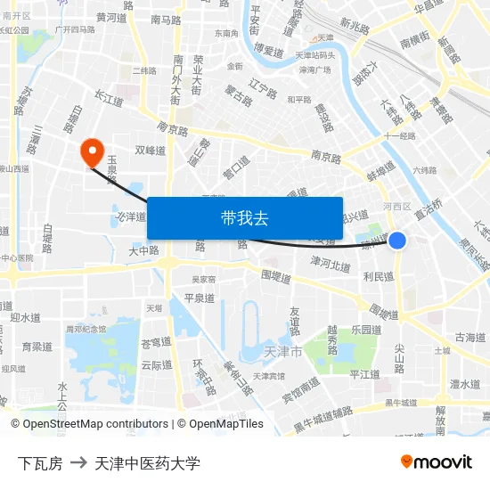 下瓦房 to 天津中医药大学 map